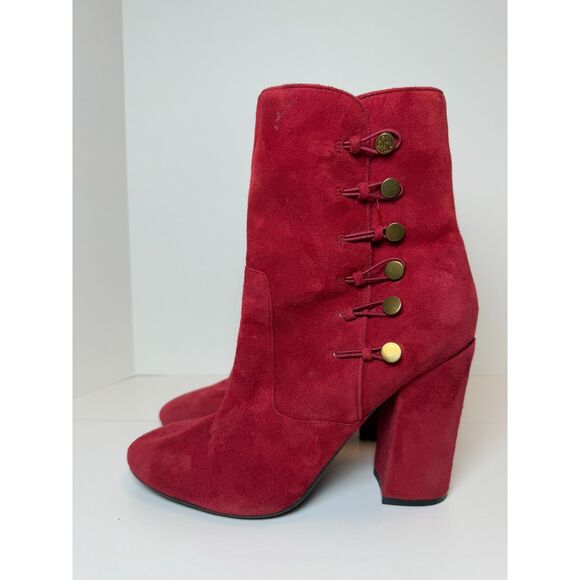 Guess Women's Size 8M Red Lucena Suede Boots Gold Buttons Block Heels EUC - Picture 5 of 9